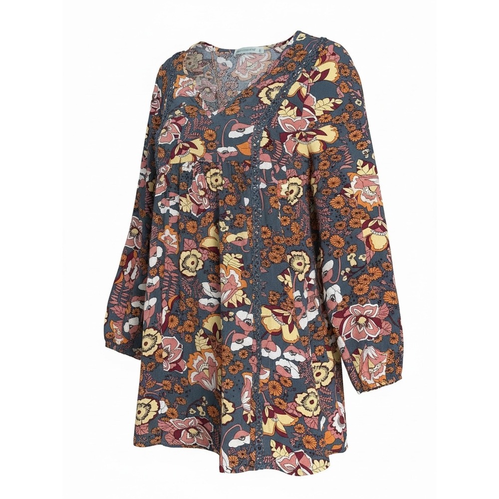 Rusttydustty Floral Babydoll Tunic Dress Blue Orange Crochet Lace Trim Small